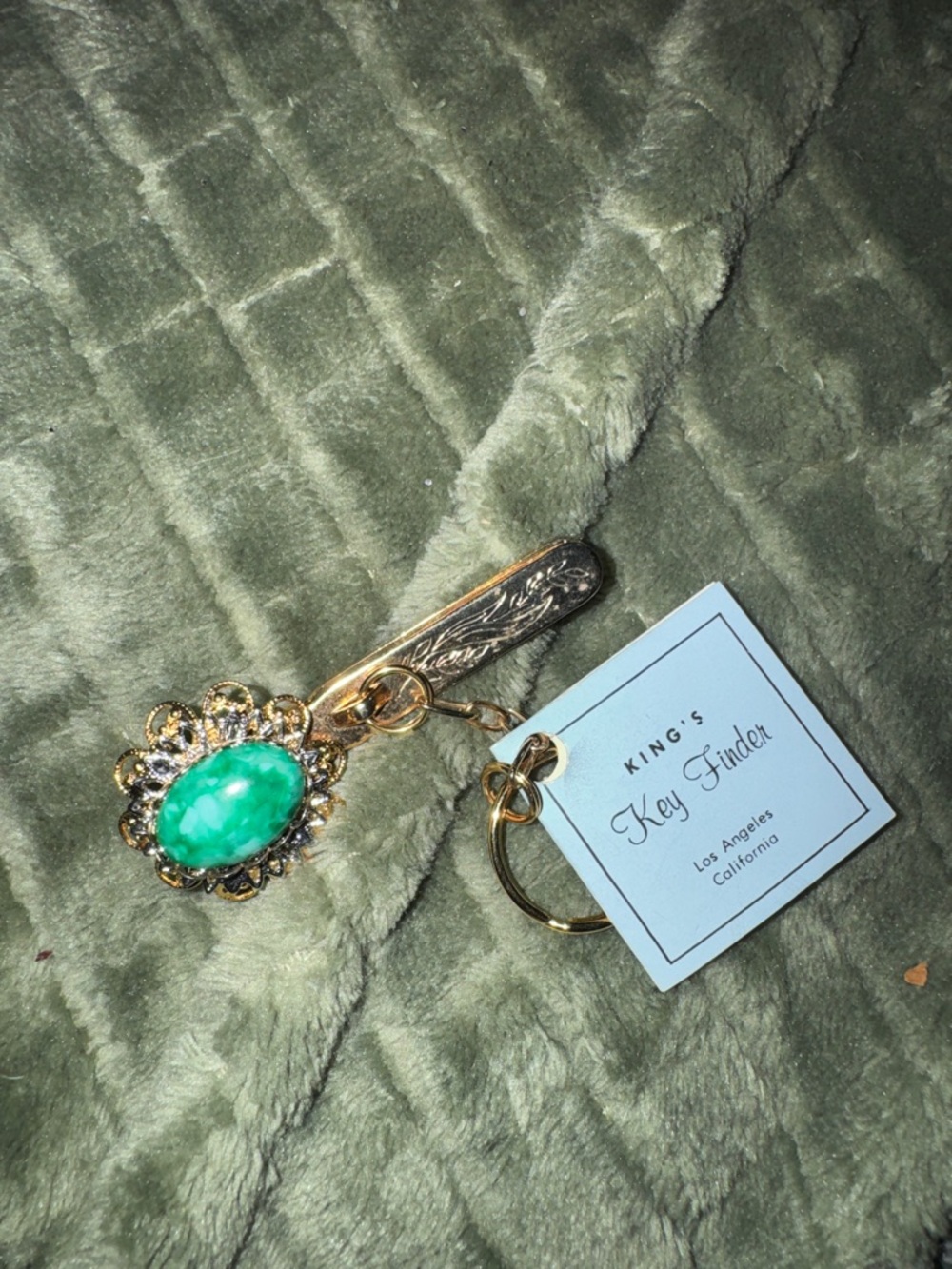 Vintage King's Key Finder Purse Clip - Gold Tone Filigree with Green Faux Stone